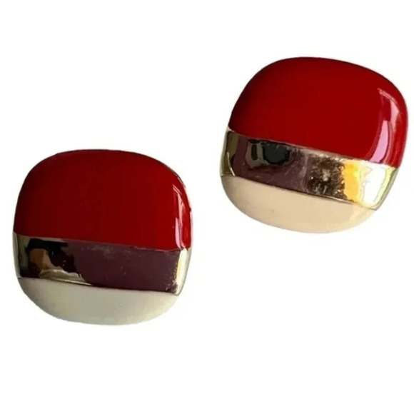 Vintage Red Cream Enamel Gold Tone Stripe Inlay Stud Earrings - Picture 1 of 2